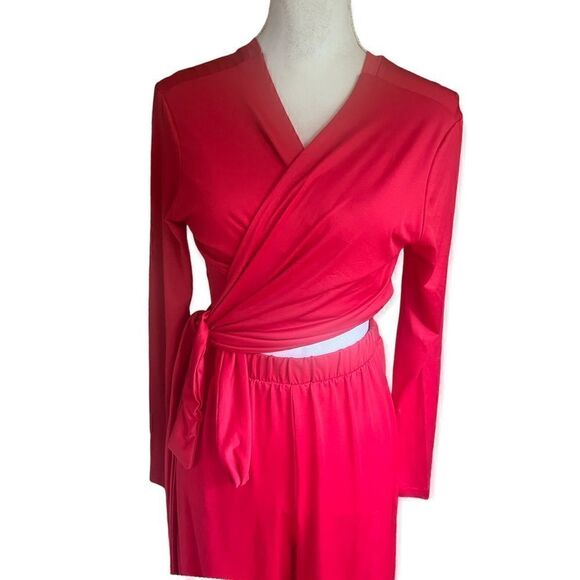 ZAFIRA SASHA SELF TIE CONVERTIBLE LONG SLEEVE WIDE LEG JUMPSUIT HIBISCUS RED S - Picture 6 of 13